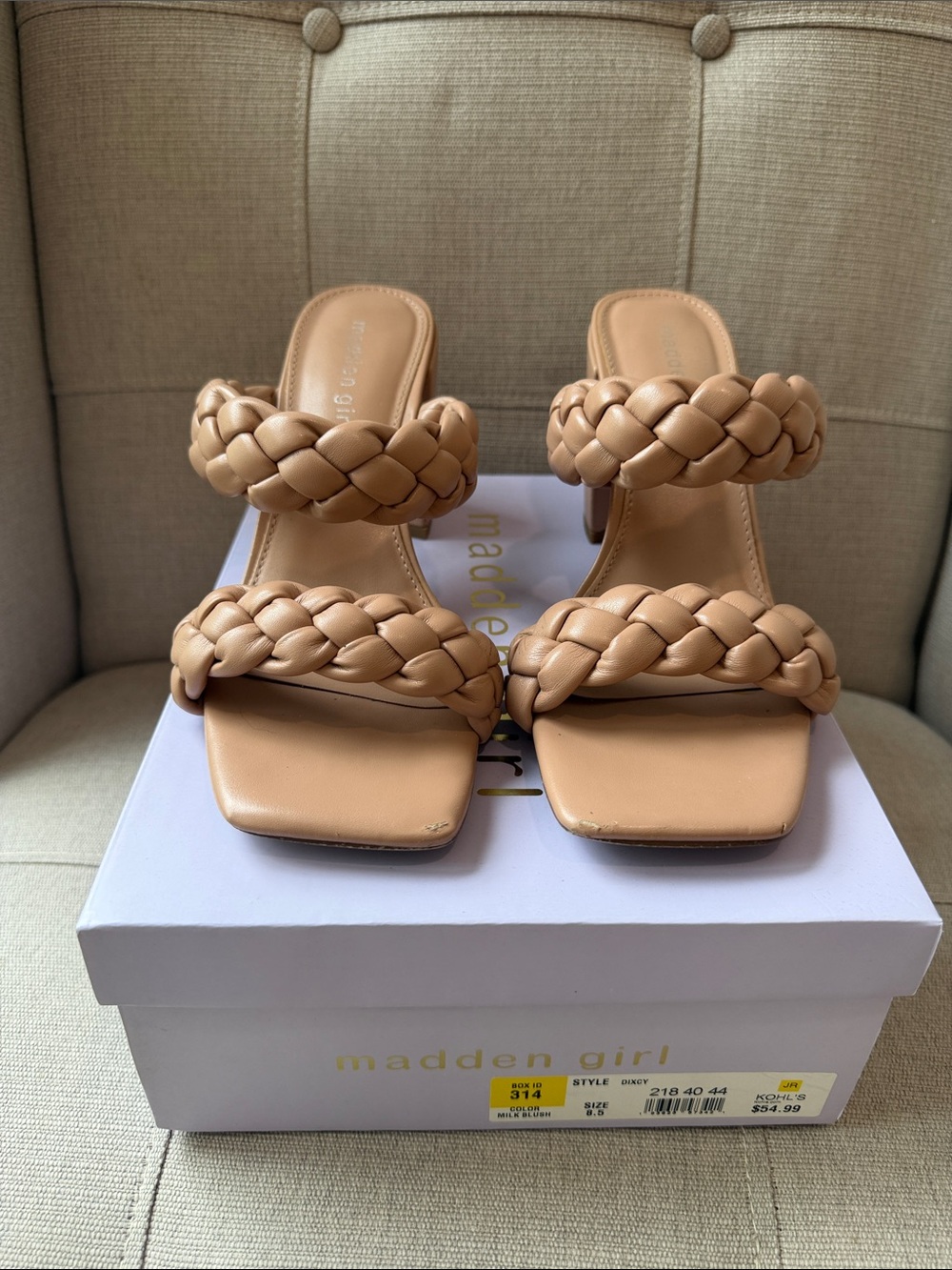 Madden Girl Braided Double-Strap Square-Toe Slide Sandals in Tan